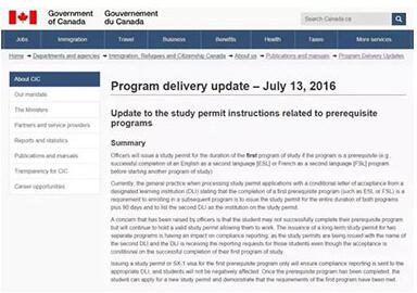 2016年7月13日加拿大CIC网站公布留学新政策